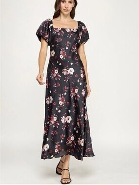 Floral Square-Neck Maxi Dress in Black and Rose